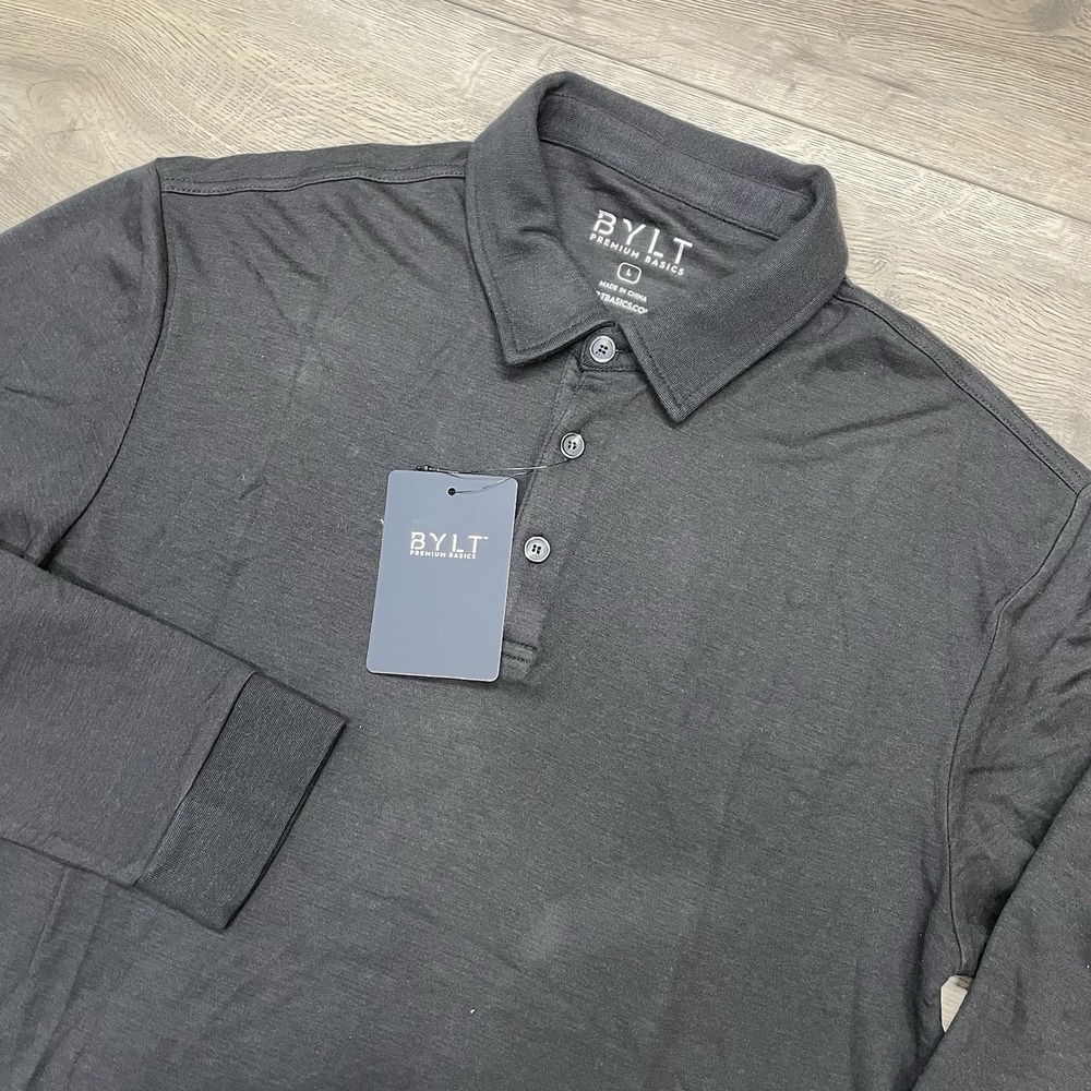 BYLT Premium Basics Comfort Wool Men's Long Sleeve Polo Shirt Large Black
